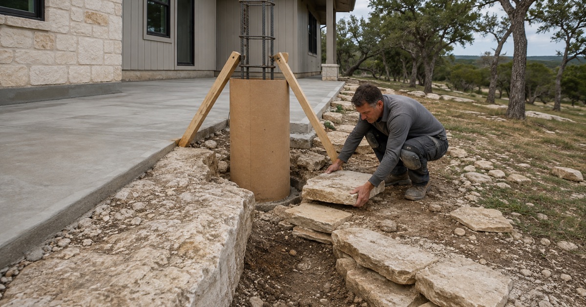A braced pier form seated into a rock recess at a Barton Creek lot, bare ledge showing across the slope.