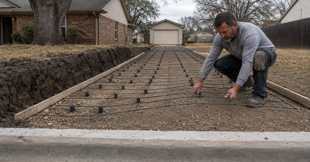 Grade stakes being driven for a new concrete pad in Buda, the split ground of the city showing in the open cut behind them.