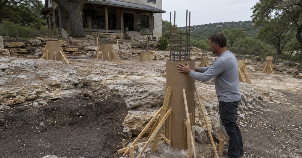 Angular limestone cobbles being turned out of a footing trench on a sloping lot at Canyon Lake, the dig stopping on hard rock.