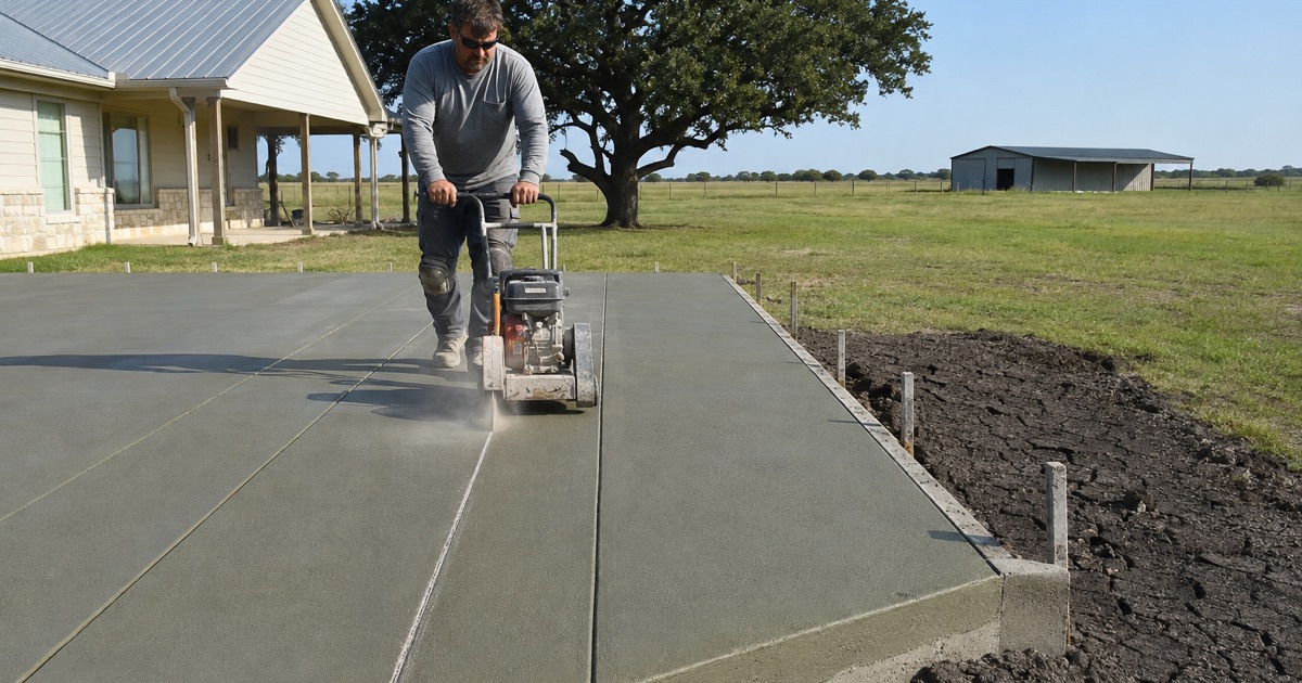 Control joints being cut into a green concrete pad on a large flat lot in Garfield, deep clay showing in the cut beside the form.