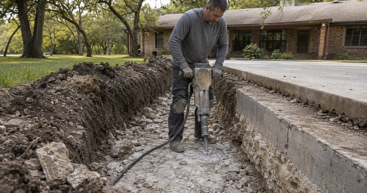 A trench drain being set across a formed concrete pad in Hornsby Bend, the fall of the slab running to it.