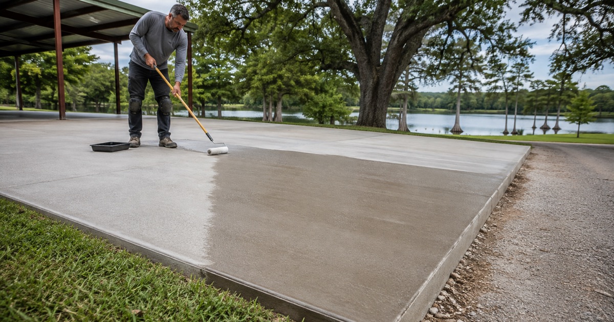 A cured concrete driveway being sealed at a McQueeney lot beside the water, the broom texture running straight down the slab.