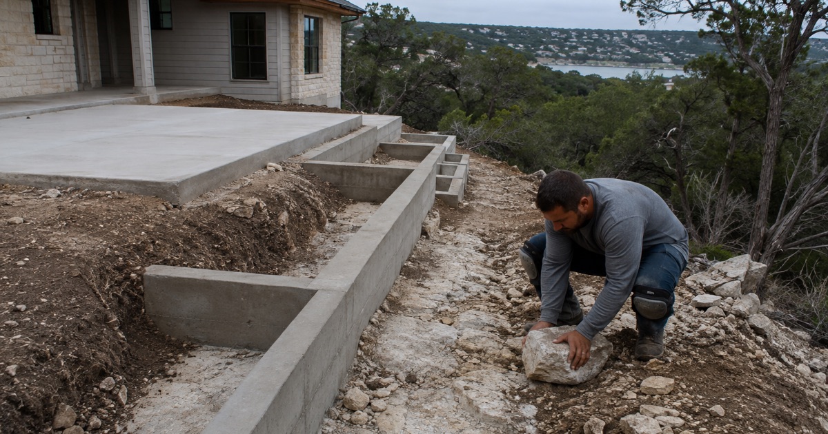 A pier form being seated into a recess cut in a limestone outcrop in San Marcos, the reinforcing cage hanging inside it.