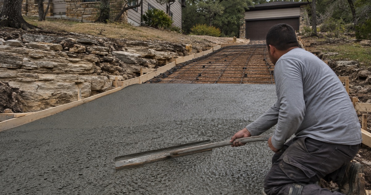 Broken tear out concrete being loaded into a dedicated roll off container in Seguin, the emptied driveway open behind it.