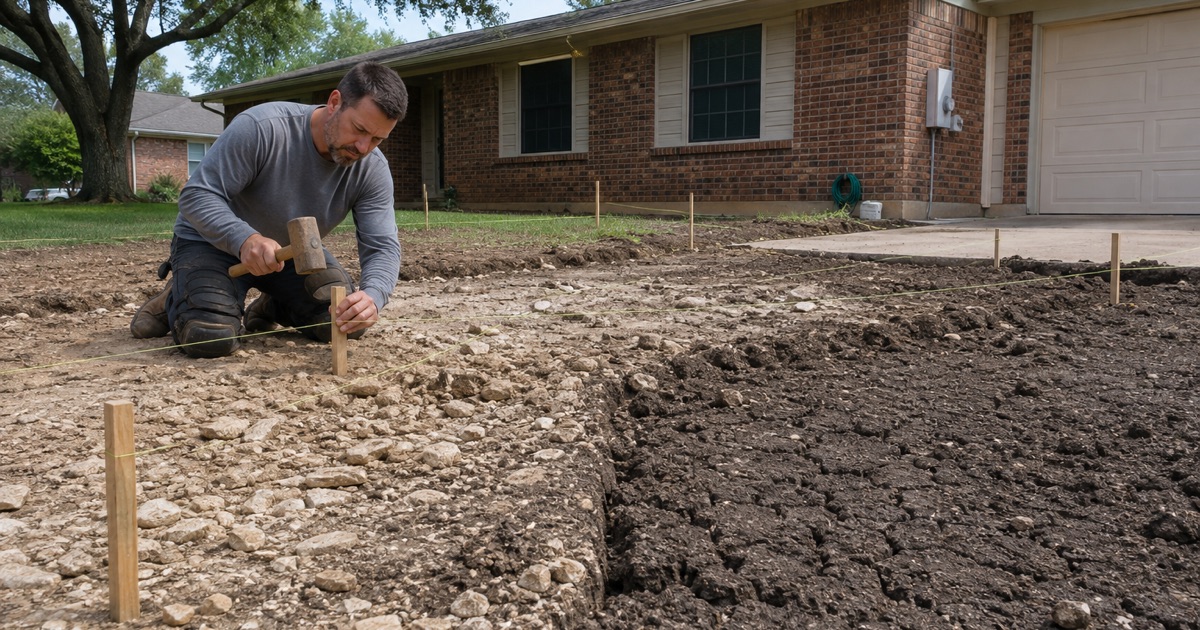 Batter boards and string lines set out for a driveway on an uncleared lot in Steiner Ranch, nothing yet excavated.