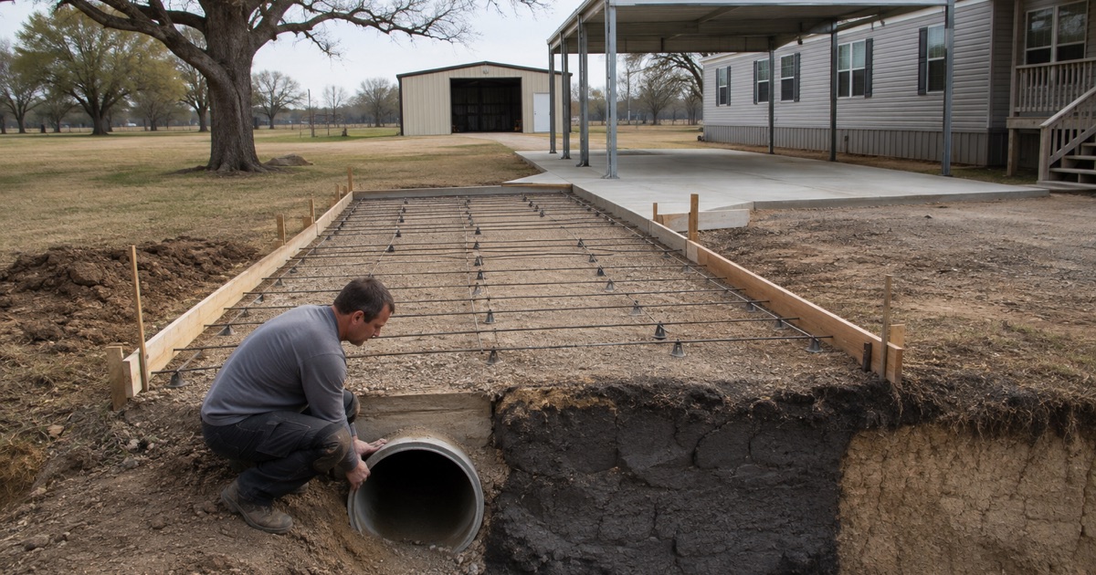 A driveway and carport pad being formed at a Wyldwood property, the thin sand cap and the clay under it open in the cut.