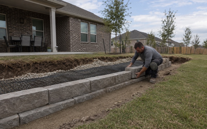 Cast concrete coping being set on the bond beam of a new pool in Kyle, the formed deck slab running away behind it.