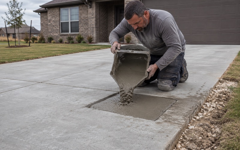 Repair mortar being placed into a saw cut patch in an older concrete driveway in Kyle, sound concrete showing in the base of the patch.