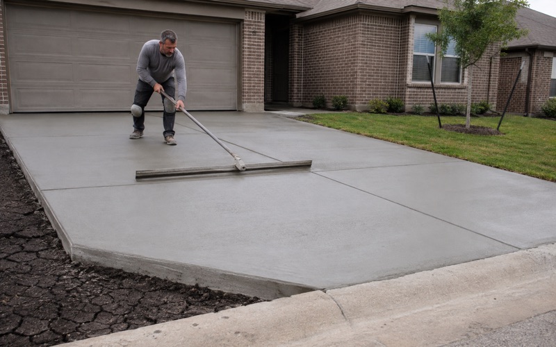 A polymer overlay being spread across a prepared concrete pool surround in Kyle, the pulled half reading darker than the bare slab ahead of it.