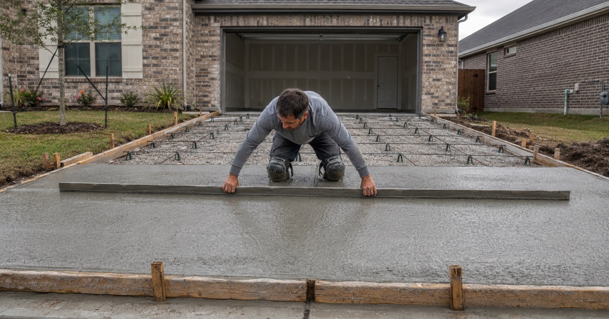 A stamp mat being tamped into green colored concrete on a Kyle patio, the pattern running crisp behind it.